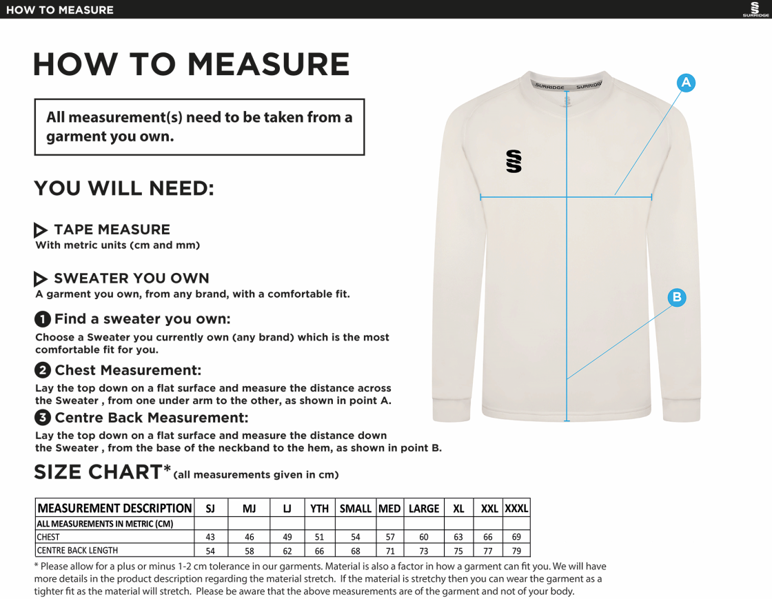 PENWORTHAM CC Blast Long Sleeve Cricket Sweater - Size Guide