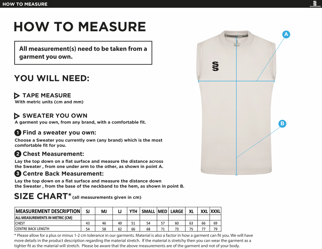 PENWORTHAM CC Blast Sleeveless Cricket Sweater - Size Guide