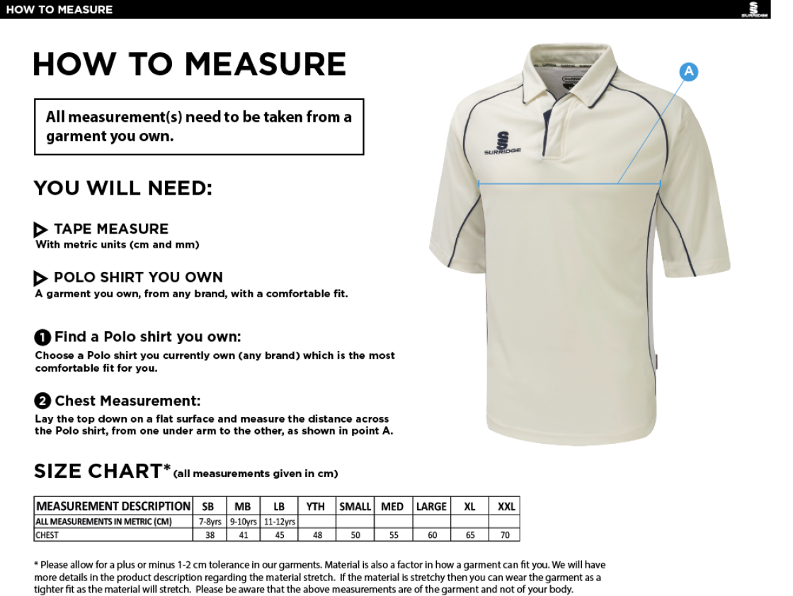 Premier Short Sleeve Shirt - Size Guide