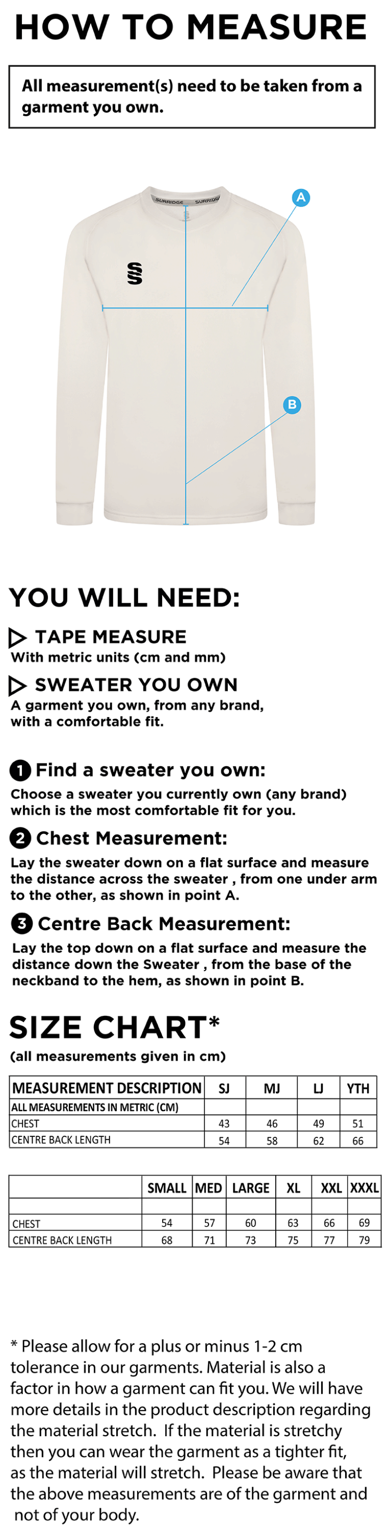 PENWORTHAM CC Blast Long Sleeve Cricket Sweater - Size Guide